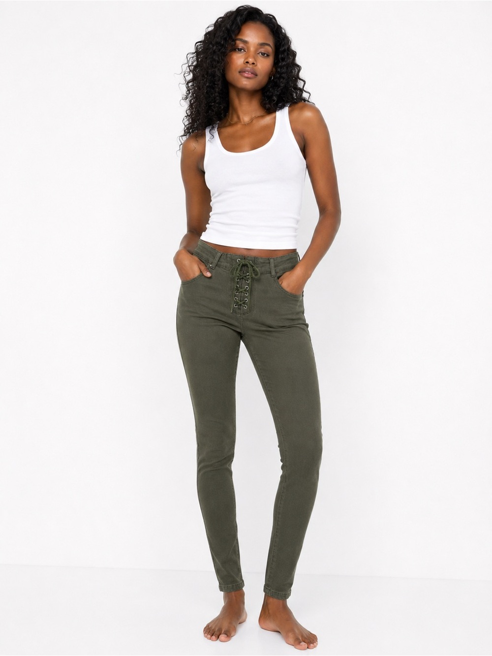 Max Studio Olive Green Lace Up Skinny Jeans